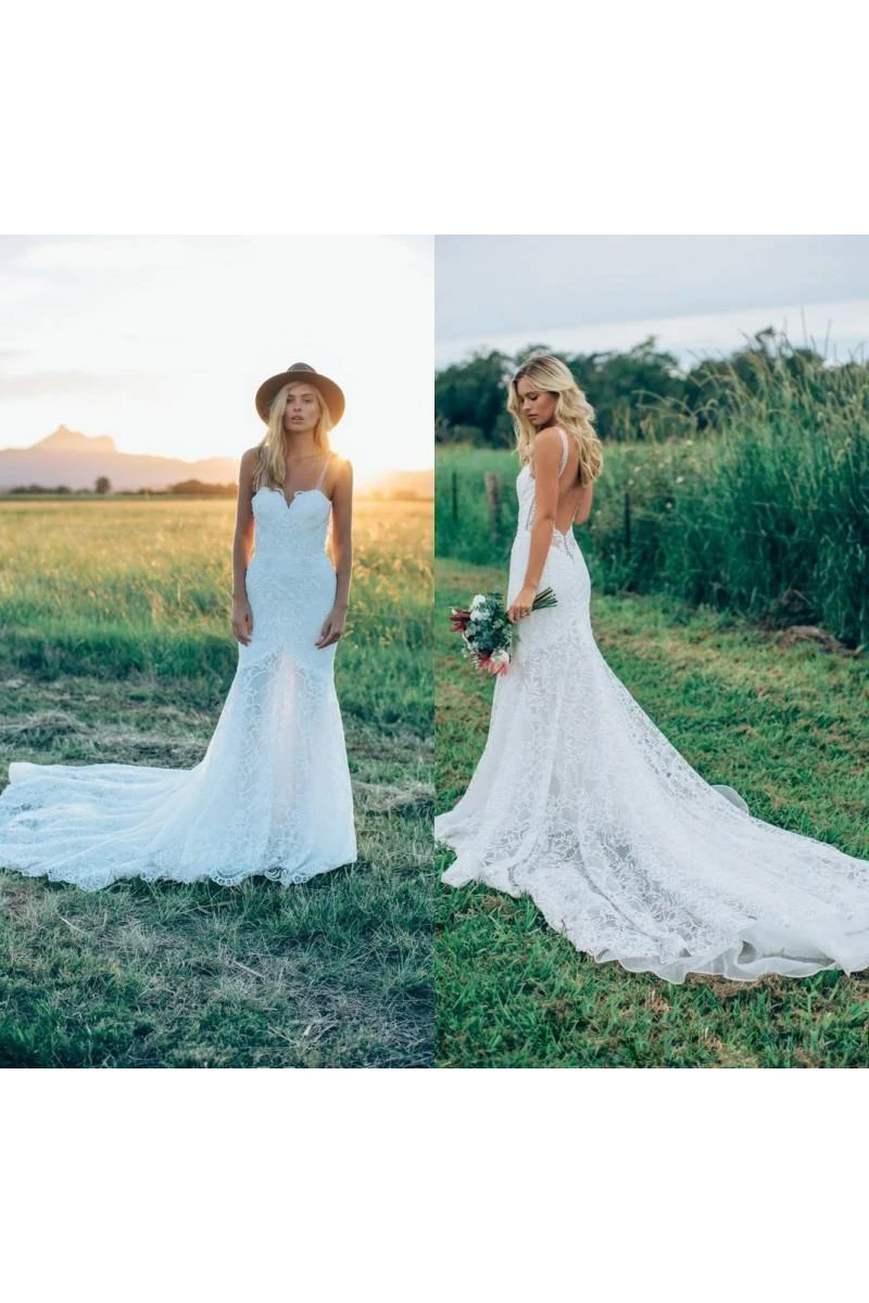 Sheath Spaghetti Lace Zipper Deep-V Back Wedding Dress