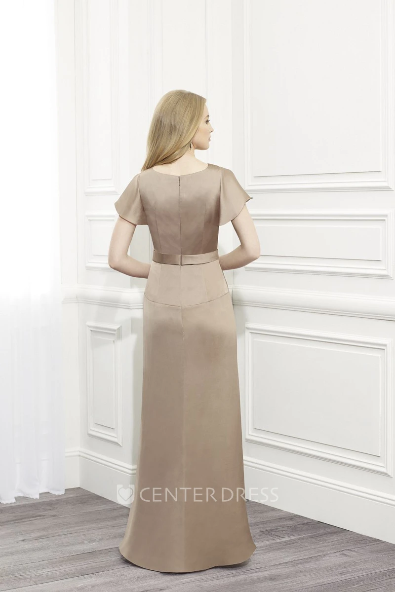 Cap Sleeve V-Neck Jeweled Satin Mother Of The Bride Dress