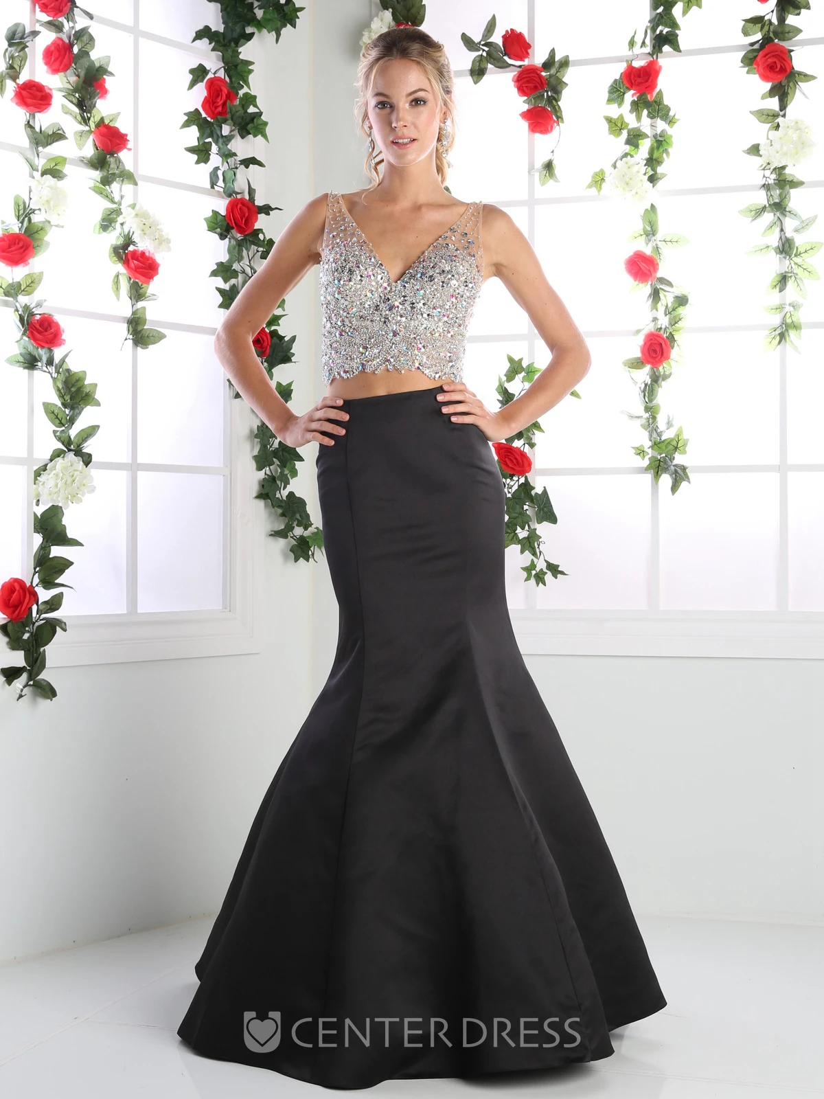 Two-Piece Mermaid Floor-Length V-Neck Sleeveless Satin Low-V Back Dress With Beading