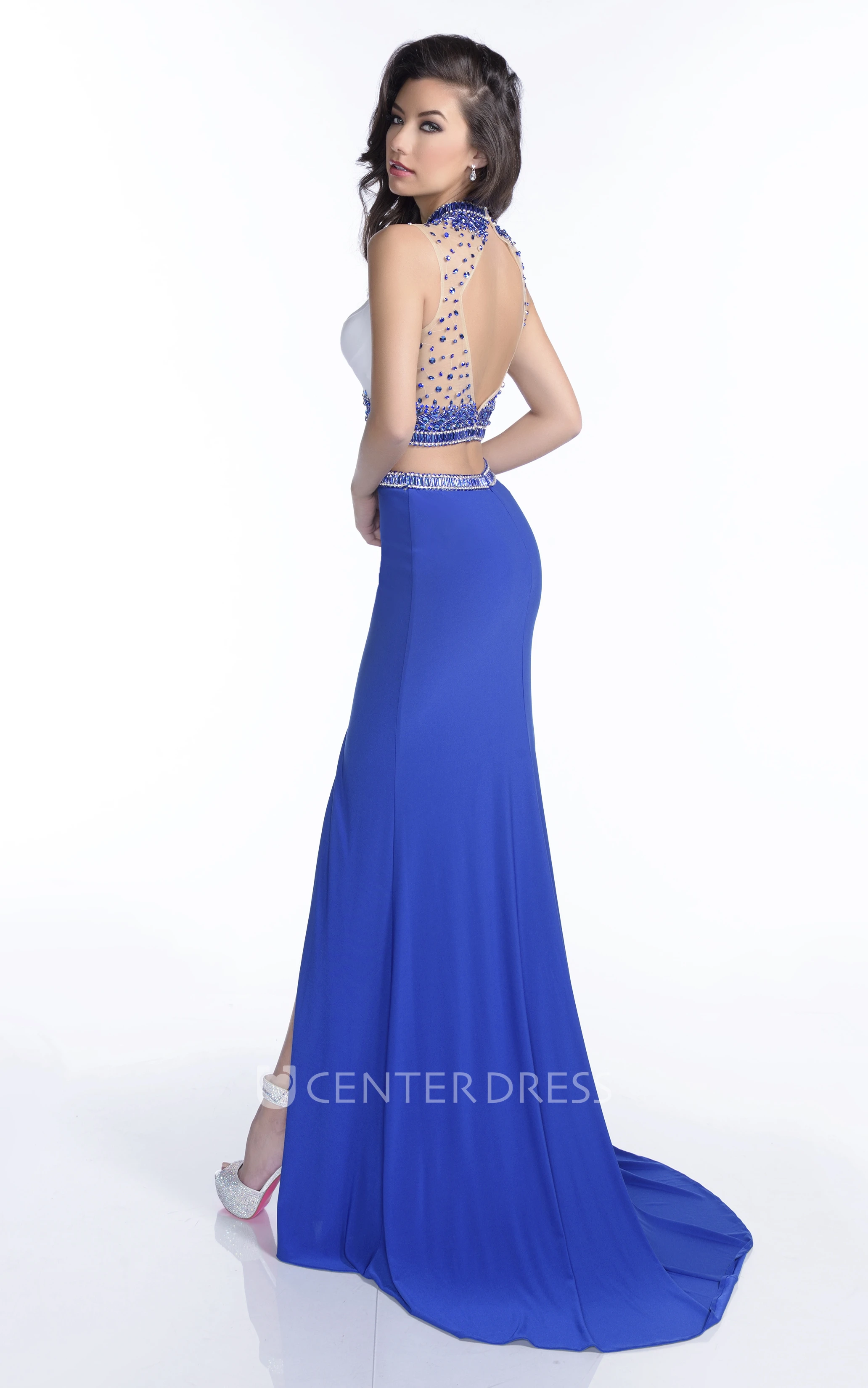 Side Slit Sleeveless Sheath Jersey Prom Dress With Rhinestones And Embroideries
