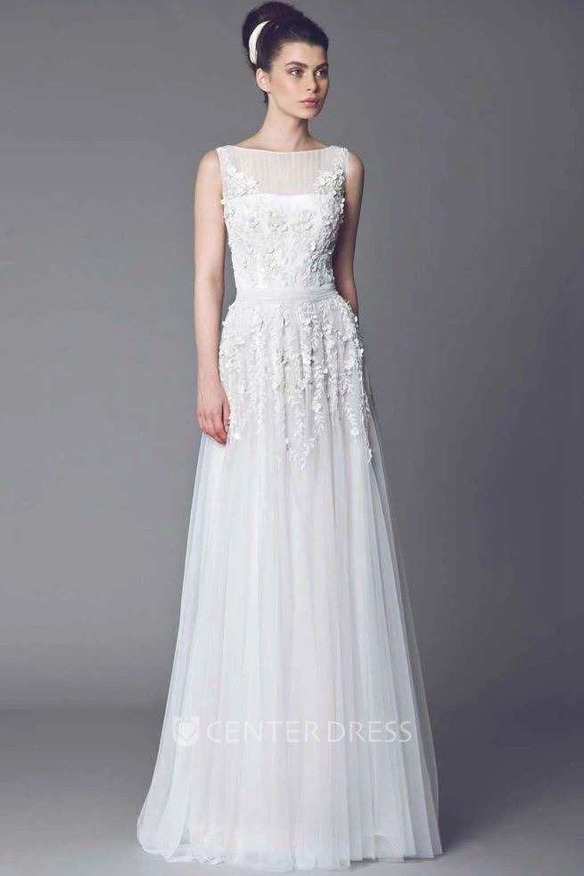 A-Line Long Sleeveless Appliqued Bateau Tulle Wedding Dress With Illusion Back And Pleats
