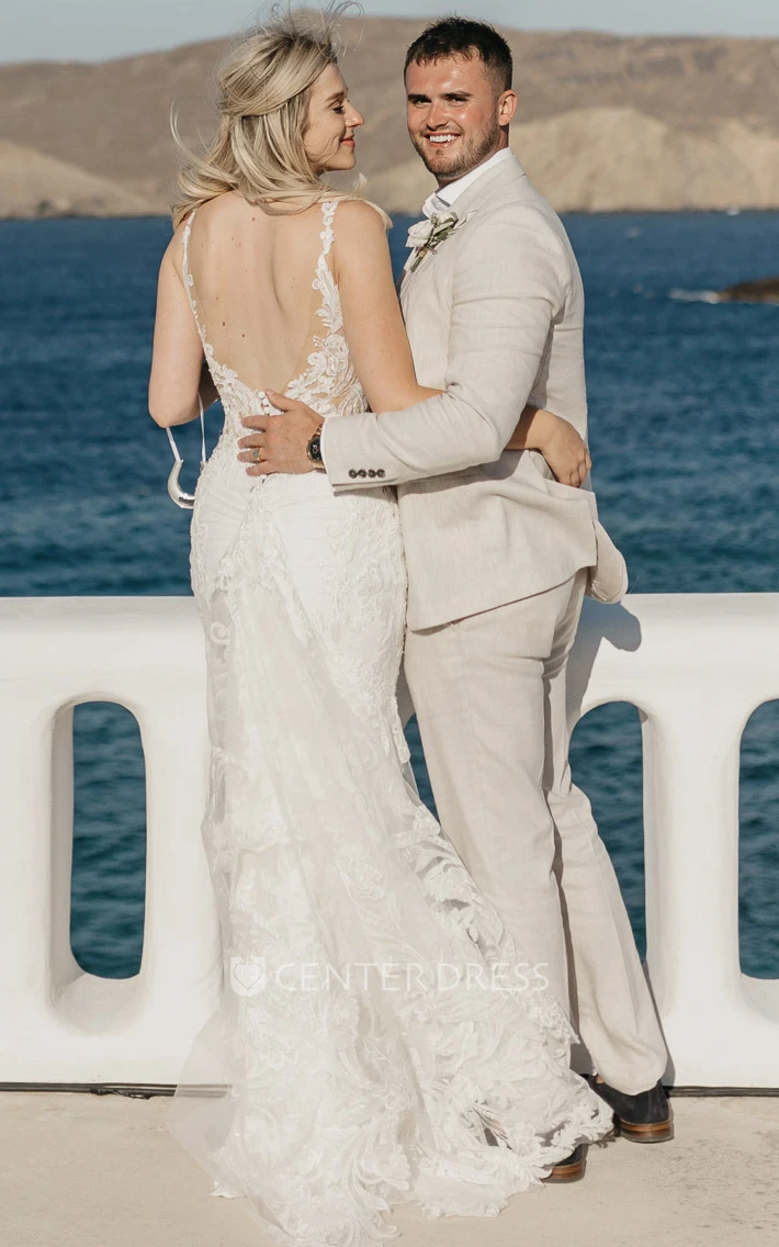 A-Line Lace Plunging V-Neck Sleeveless Wedding Dress Sexy Bohemian Elegant Garden Dress