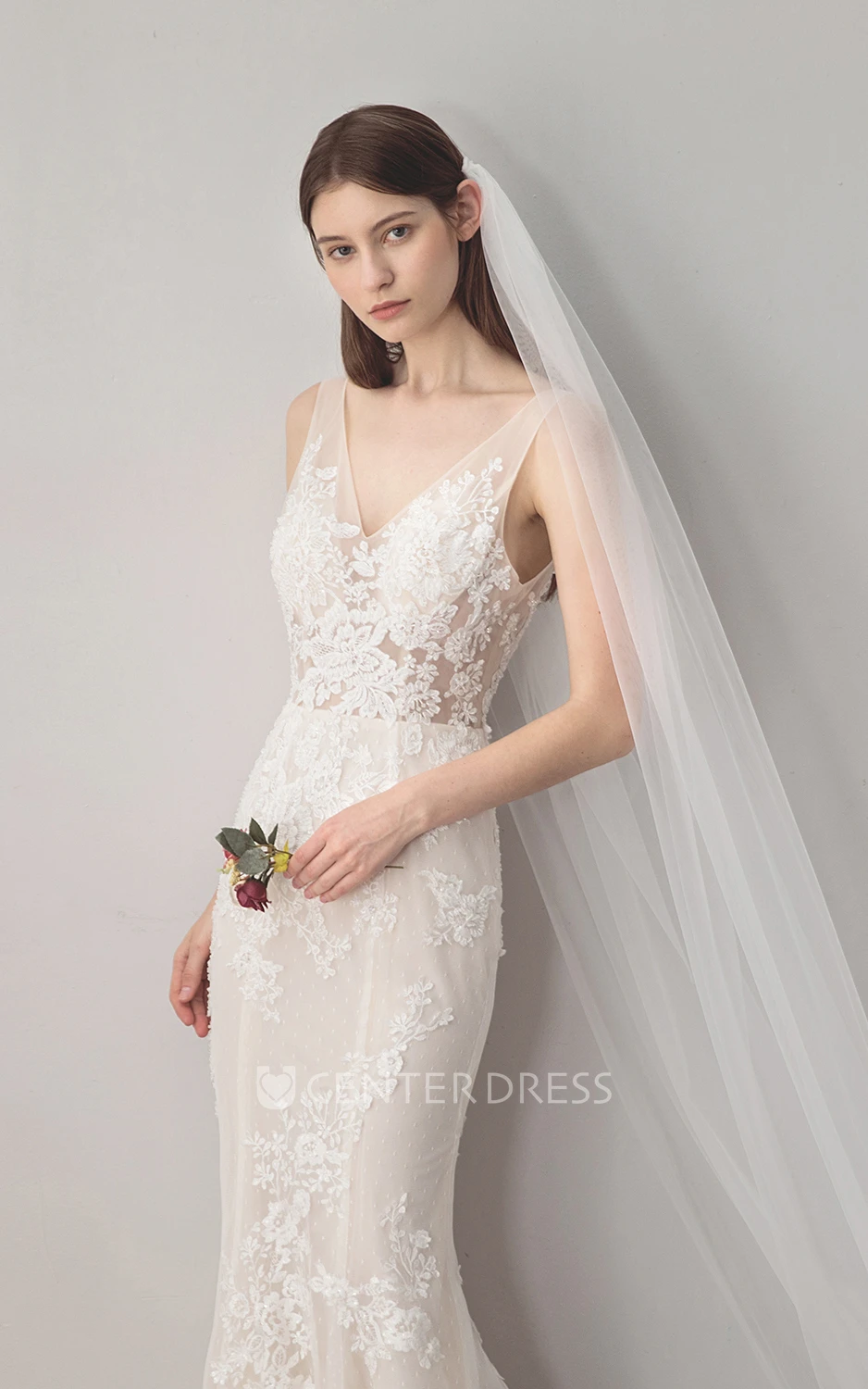 Deep V-back V-neck Lace Sleeveless Simple Mermaid Winter Wedding Dress With Illusion Top