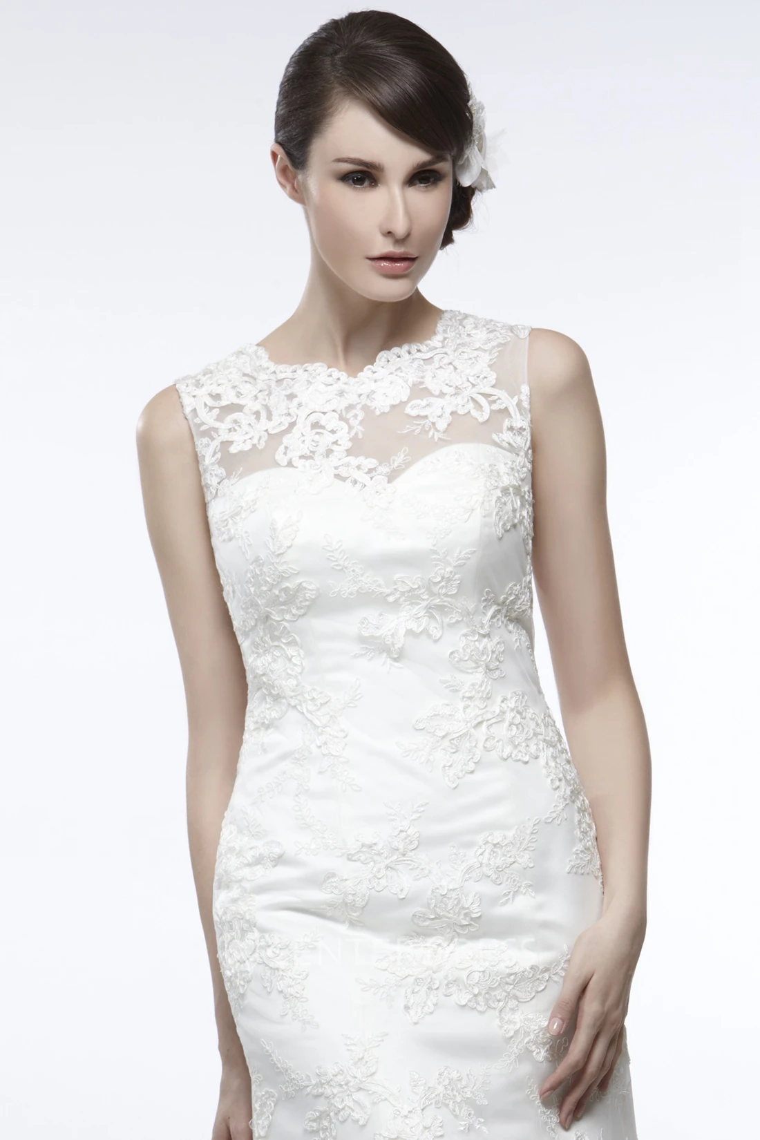 Sheath Sleeveless Appliqued Floor-Length Scoop Lace Wedding Dress With Illusion Back And Court Train