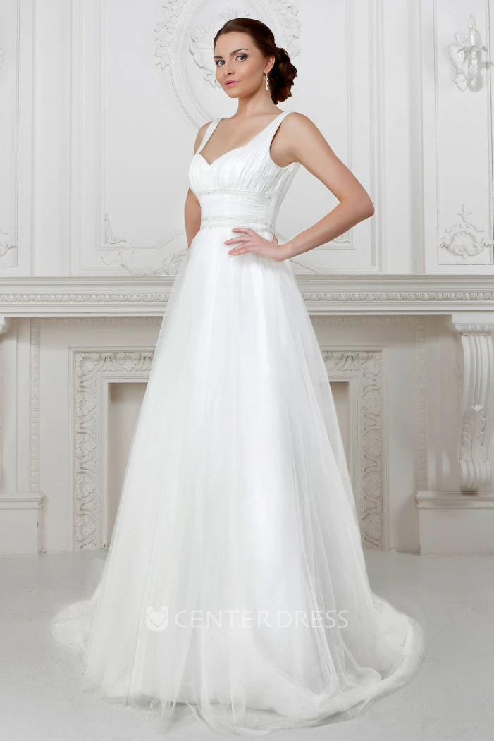 A-Line Floor-Length Ruched Sleeveless Strapped Tulle&Satin Wedding Dress With Beading