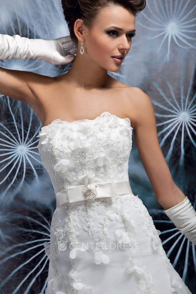 A-Line Strapless Sleeveless Floral Long Satin Wedding Dress With Backless Style And Bow