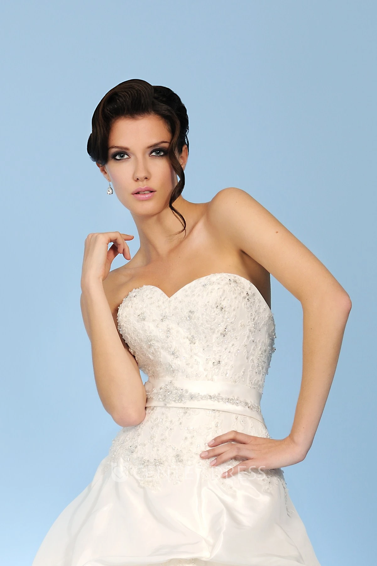 A-Line Long Jeweled Sweetheart Taffeta Wedding Dress With Beading And Pick Up