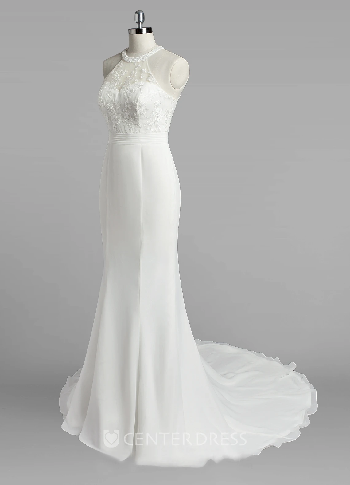 Jewel Neck Mermaid Chiffon Wedding Dress With Lace Bodice