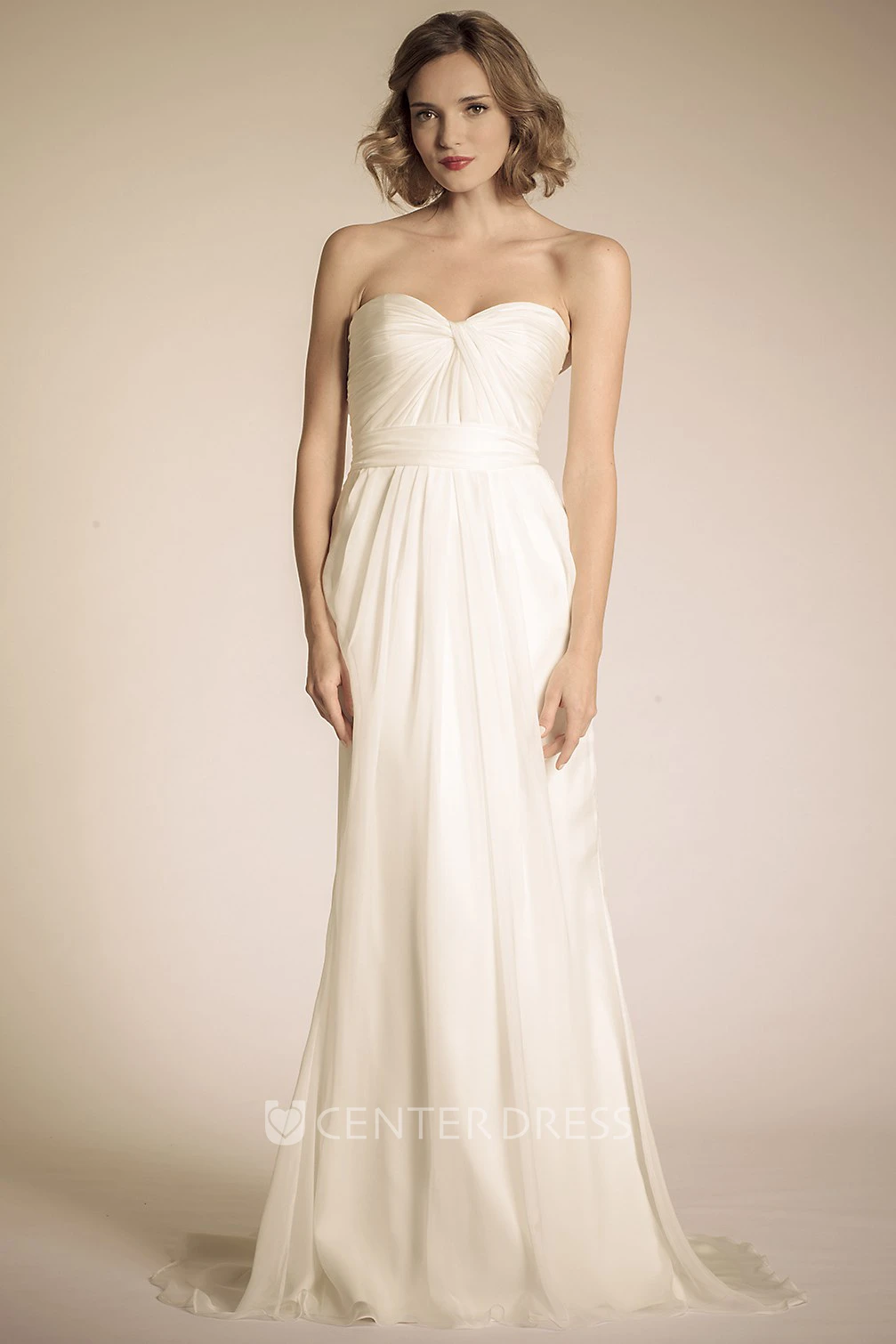 Sweetheart Maxi Ruched Chiffon Wedding Dress With Sweep Train And V Back