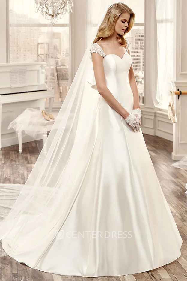 Sweetheart Cap-Sleeve Long Wedding Dress With Large Back Bow And Brush Train