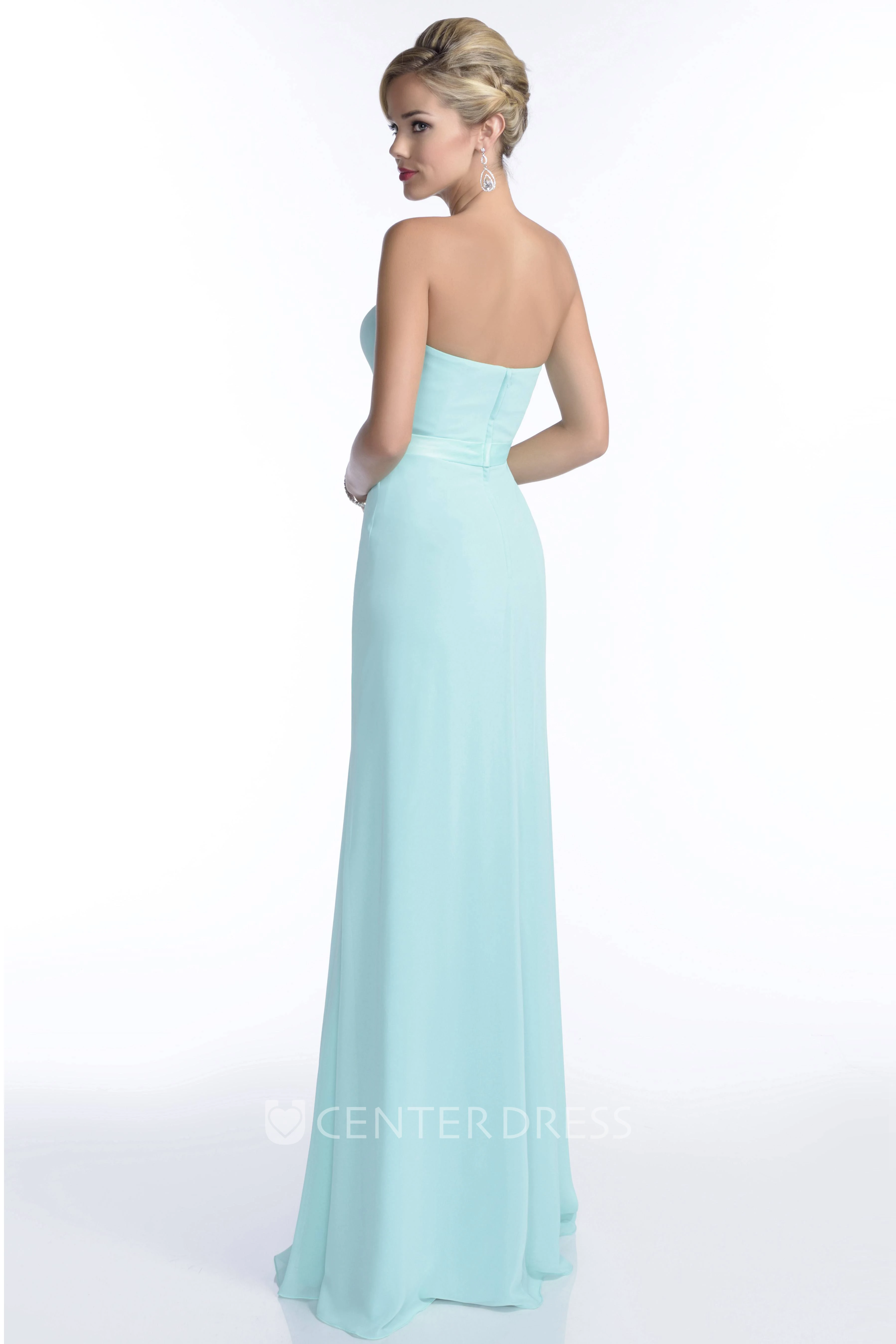 Column Strapless Chiffon Bridesmaid Dress Featuring Rhinestone Detailing