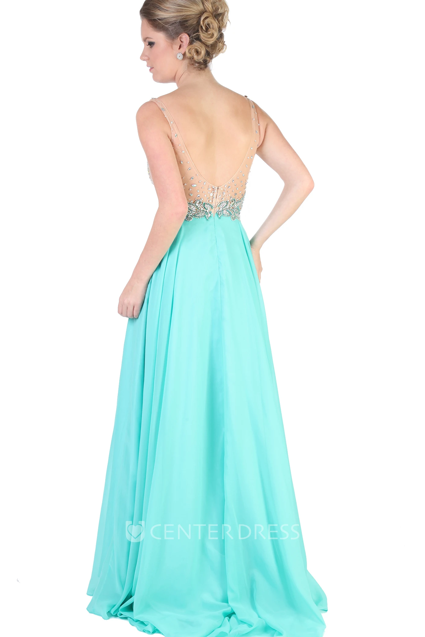 A-Line Long Beaded V-Neck Sleeveless Chiffon Evening Dress With Pleats