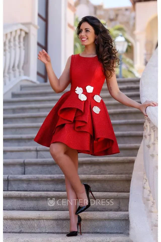A-line Bateau Sleeveless Flower Ruffles Knee-length Satin Homecoming Dress