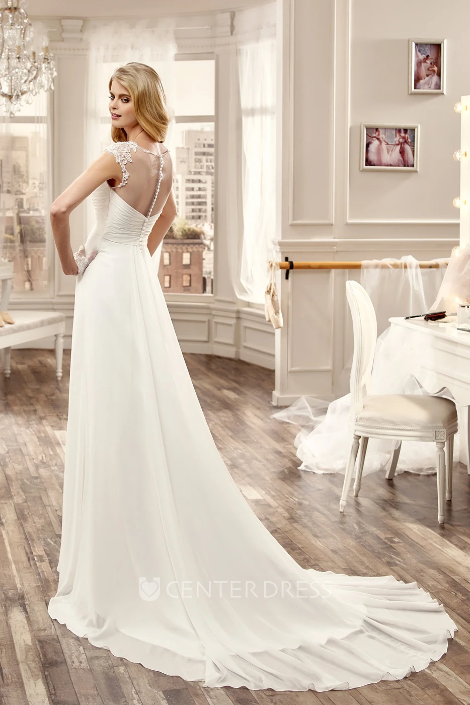 Cap-Sleeve Chiffon Long Wedding Dress With Pleated Bust And Brush Train