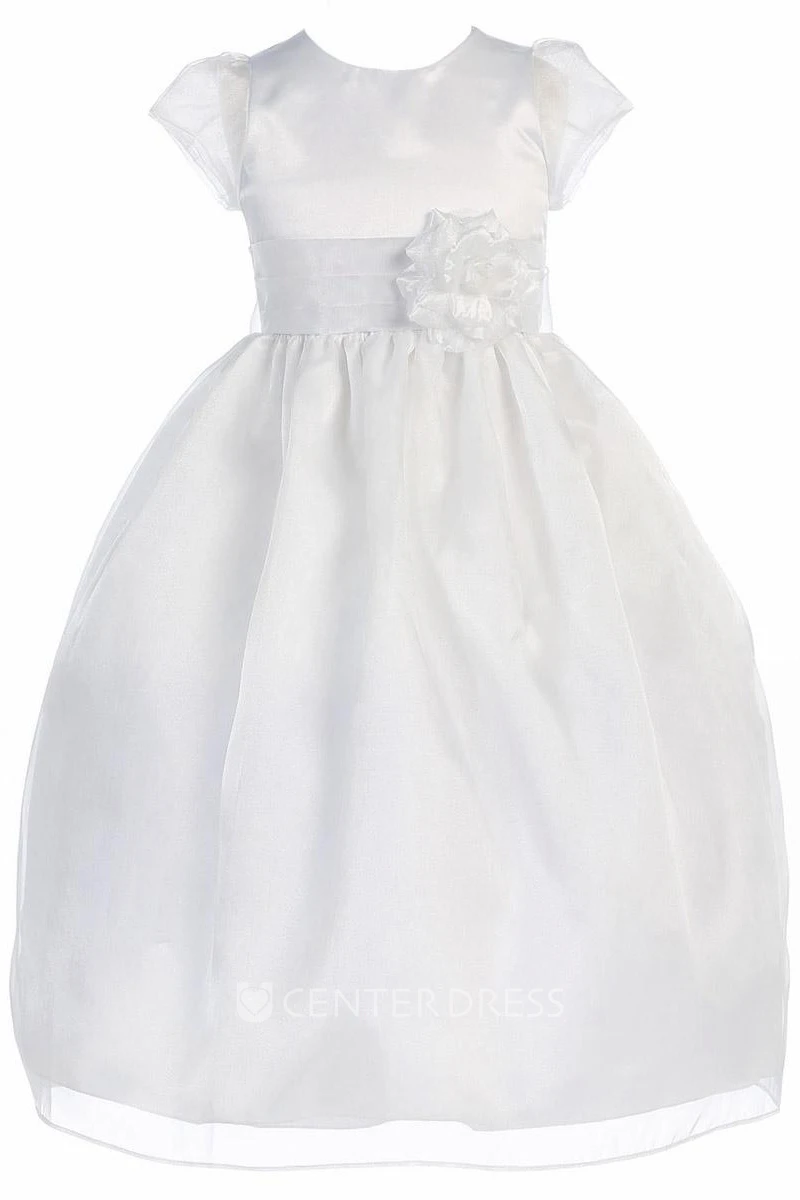 Ankle-Length Cap-Sleeve Tiered Organza&Satin Flower Girl Dress