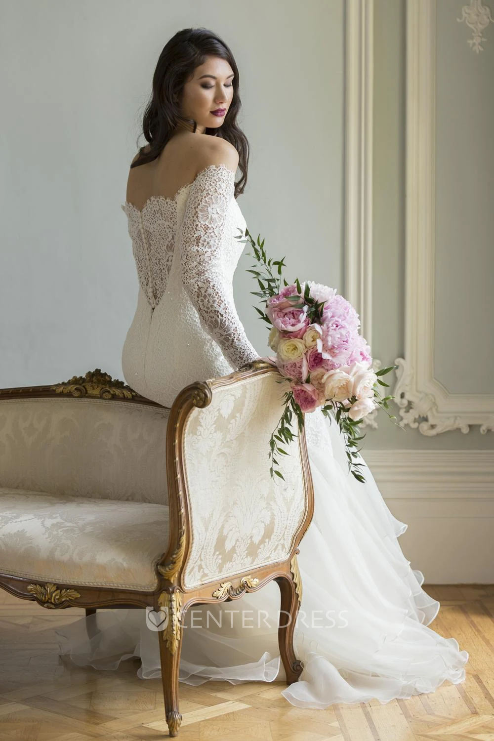 Trumpet Long Off-The-Shoulder Long-Sleeve Tiered Lace&Organza Wedding Dress With Draping And Illusion