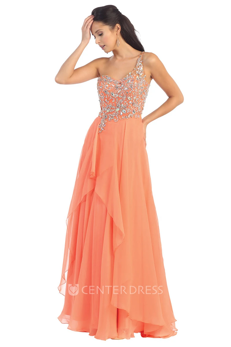 A-Line Maxi One-Shoulder Sleeveless Chiffon Illusion Dress With Beading And Draping