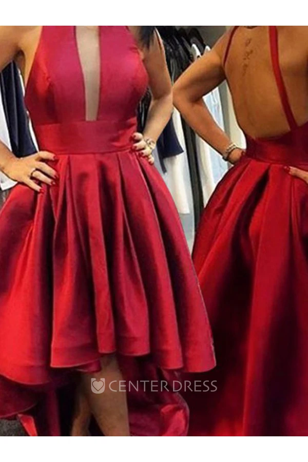 A-line High-low Sleeveless Plunging Neckline Ruching Ruffles Satin Homecoming Dress