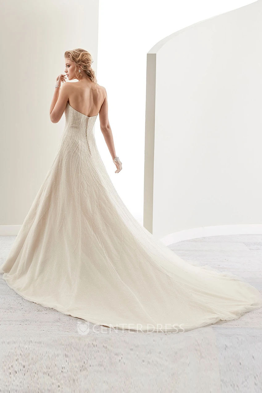 Strapless A-Line Lace Bridal Gown With Sequins And Brush Train