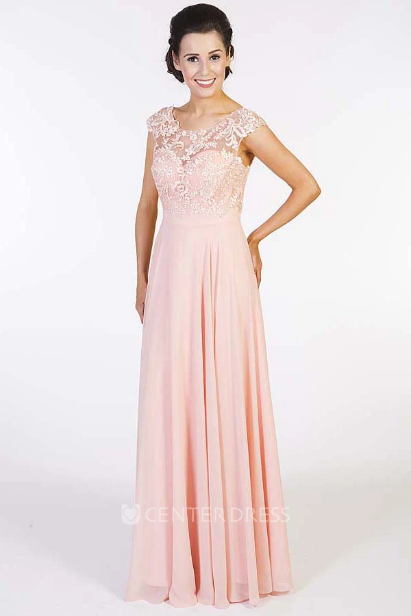 Embroidered Scoop-Neck Floor-Length Cap-Sleeve Chiffon Prom Dress