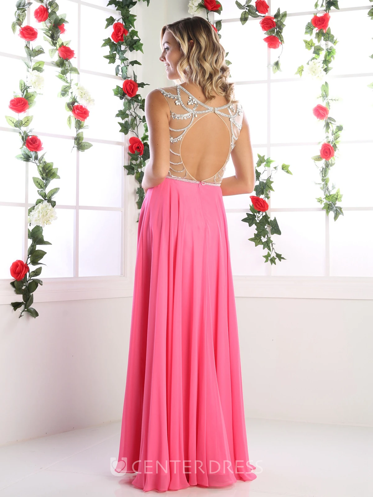 A-Line Bateau Sleeveless Chiffon Keyhole Dress With Beading And Pleats