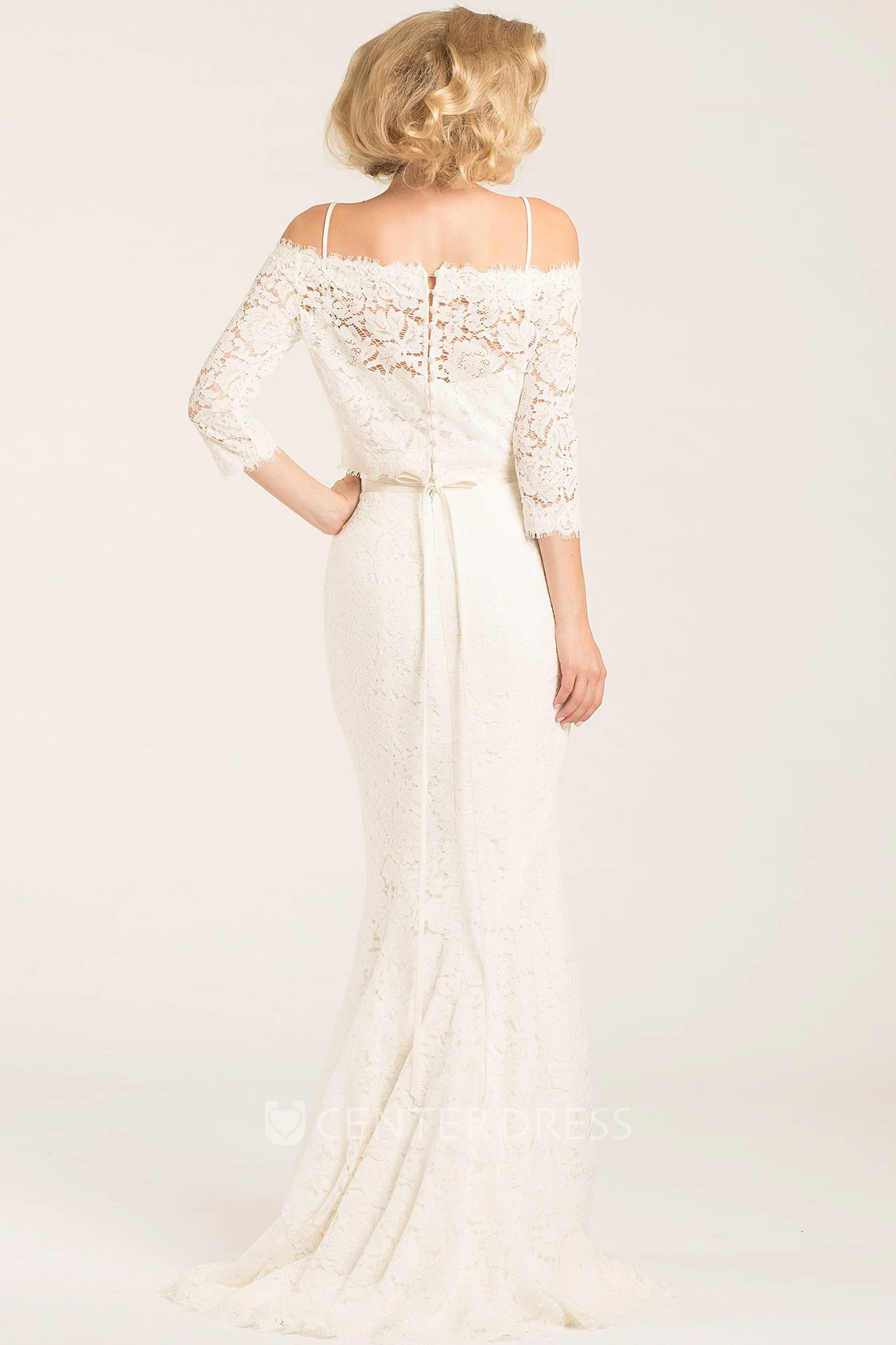 Floor-Length Off-The-Shoulder Half Sleeve Jeweled Lace Wedding Dress
