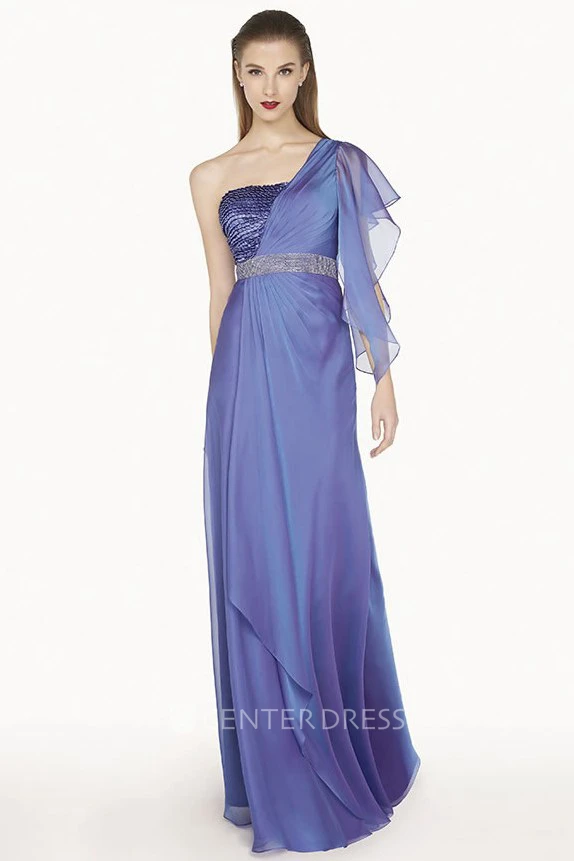Single Ruffled Sleeve Chiffon Long Prom Dress With Cascading Skirt