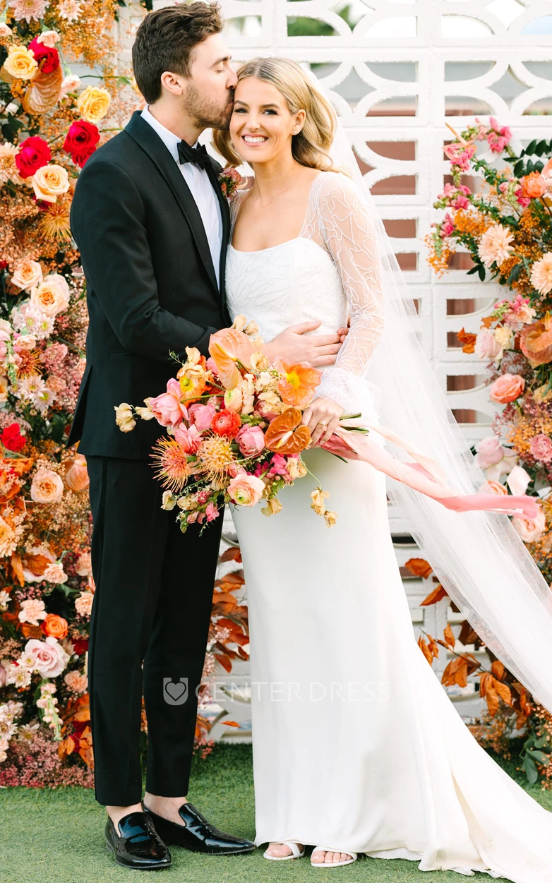 Mermaid Satin Square Casual Wedding Dress With Long Sleeve And Court Train