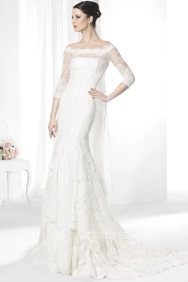 Sheath Tiered Bateau-Neck Half-Sleeve Lace Spring Wedding Dress With Illusion
