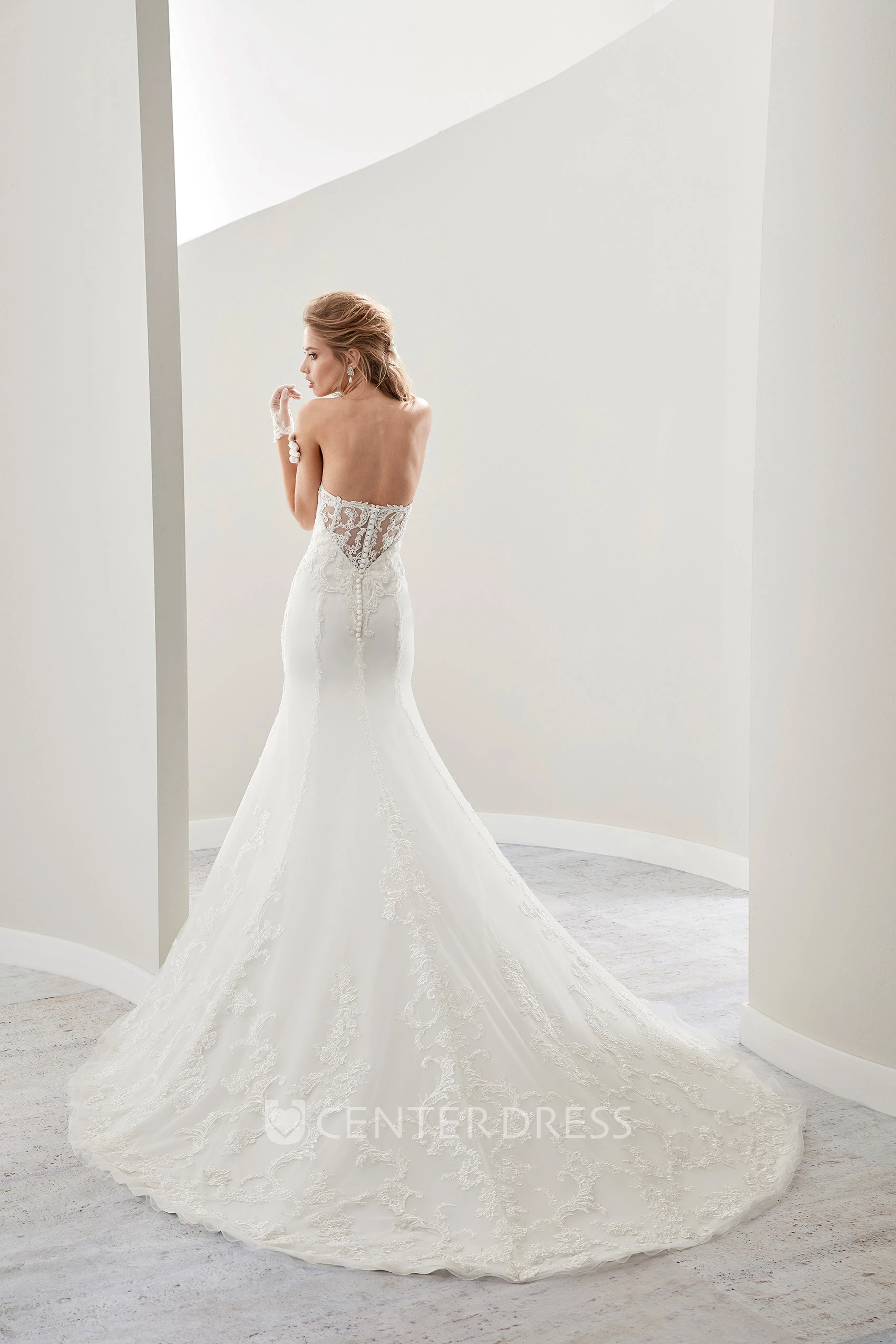 Strapless Mermaid Lace Gown With Illusive Details And Brush Train