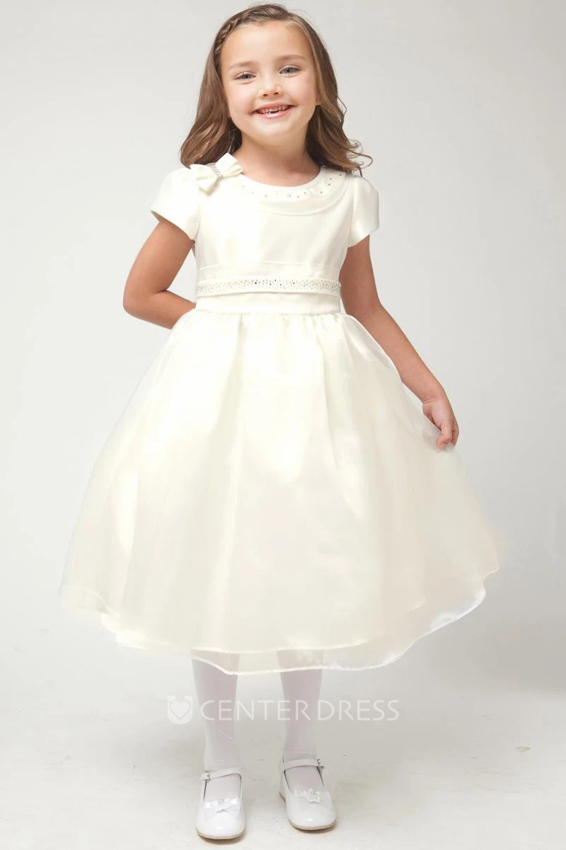Tea-Length Cap-Sleeve Bowed Organza&Satin Flower Girl Dress