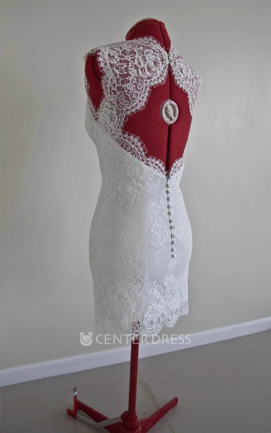 Custom Knee Length Winter Wedding Dress With Queen Anne Neck and Scalloped Keyhole Back