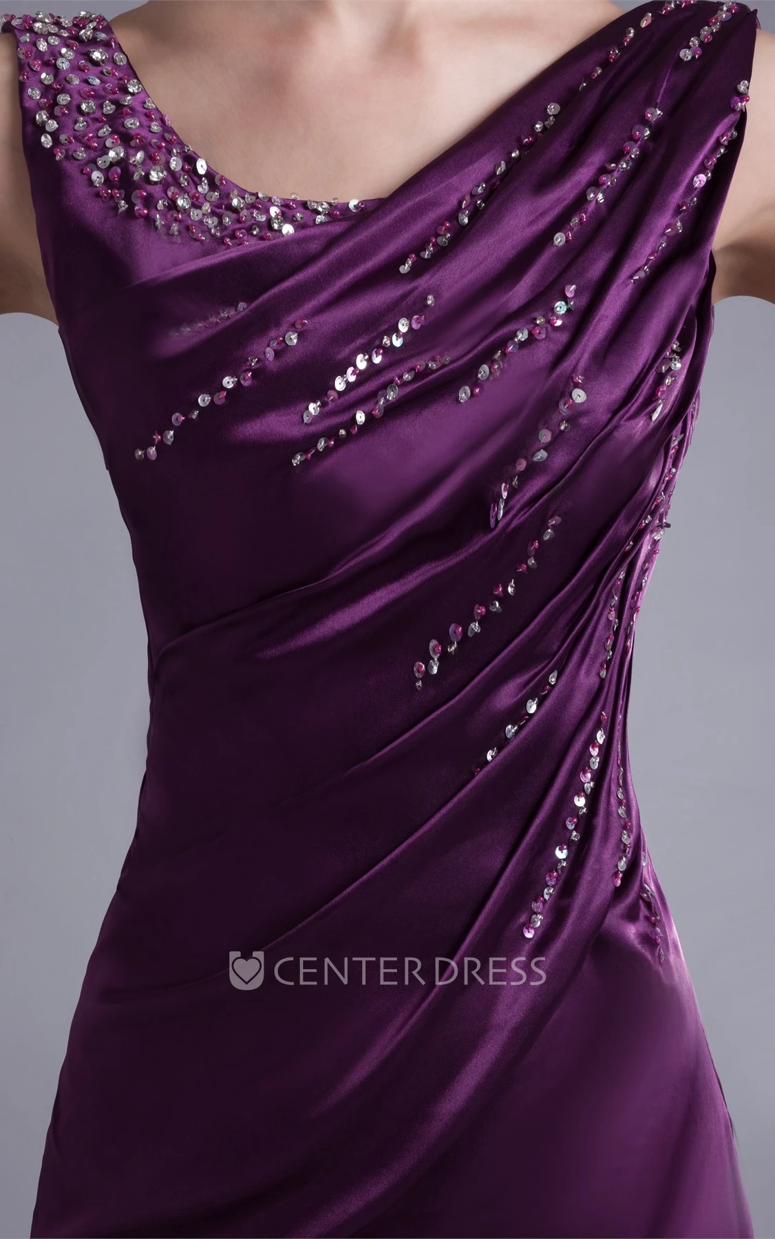 Satin Sleeveless Sheath Floor-Length Formal Gown with Ruching and Beading