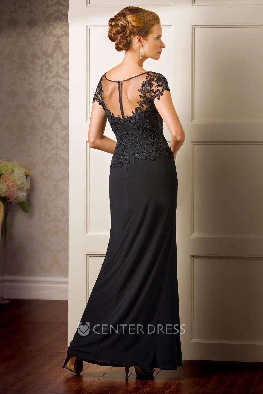 Cap-Sleeved Long Mother Of The Bride Dress With Side Slit And Appliques