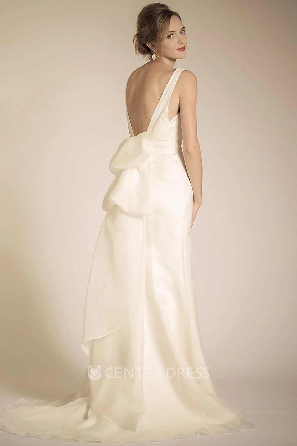 Long V-Neck Lace Tulle&Satin Wedding Dress With Court Train And V Back
