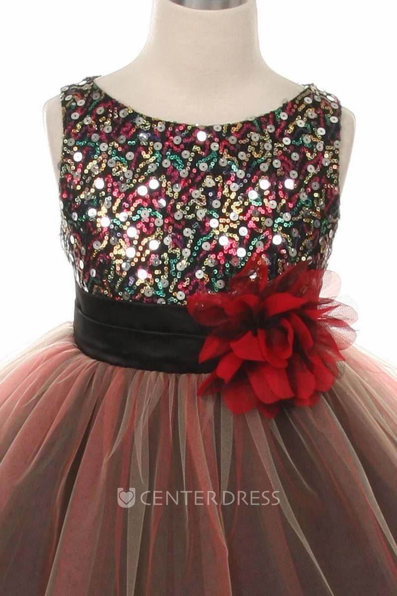 Tea-Length Pleated Tiered Sequins&Satin Flower Girl Dress