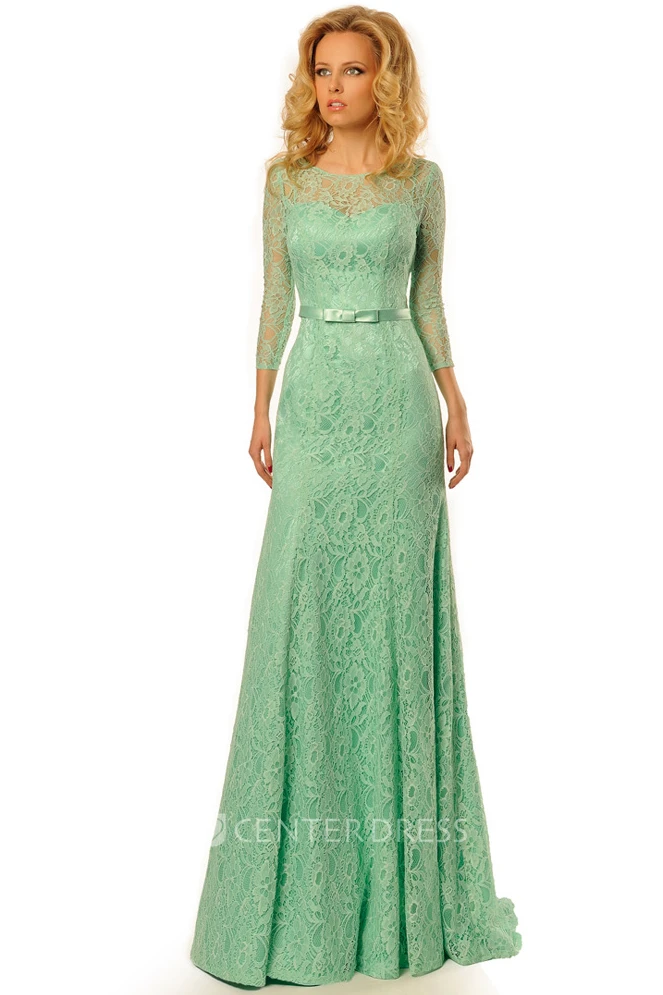 Maxi Ribboned Scoop Neck 3-4 Sleeve Lace Prom Dress With Brush Train