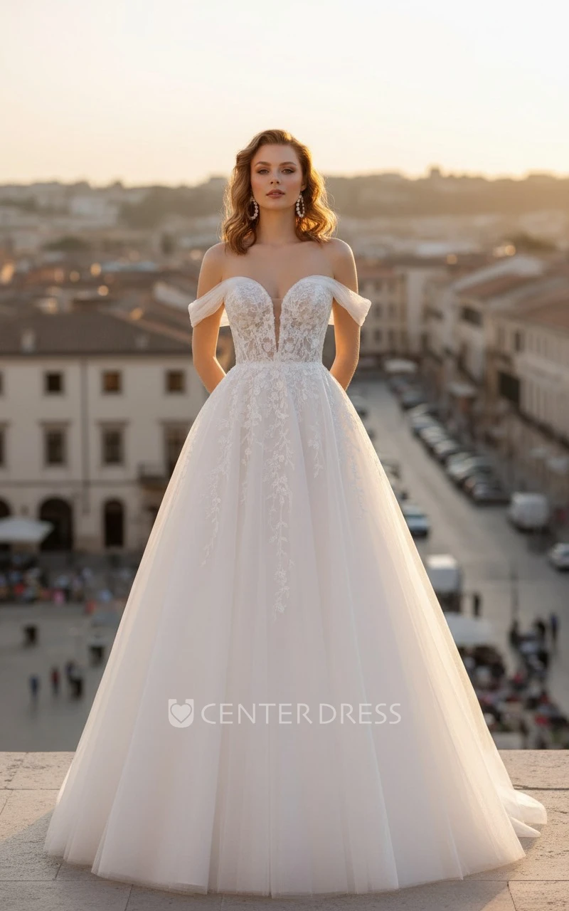 Romantic A-Line Off Shoulder Spring Wedding Dress with Plunging Neckline Elegant Lace Tulle Court Train
