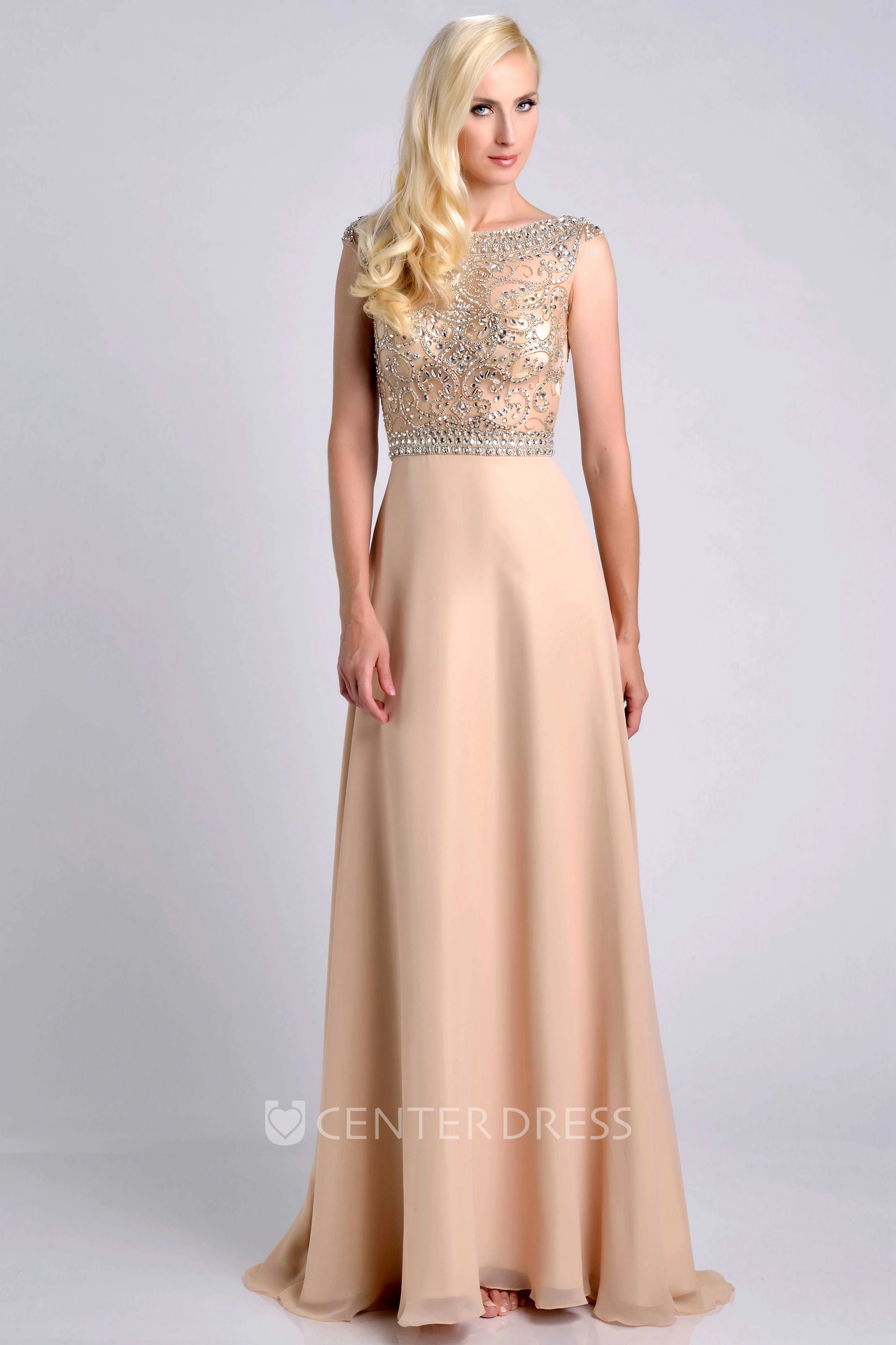 Jeweled Bodice Cap Sleeve Chiffon A-Line Prom Dress With Bateau Neck