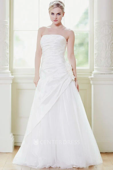 A-Line Draped Floor-Length Strapless Taffeta&Tulle Wedding Dress With Flower And Beading