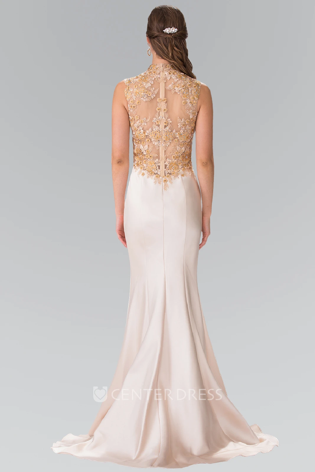 Sheath Maxi High Neck Sleeveless Satin Illusion Dress With Beading And Appliques