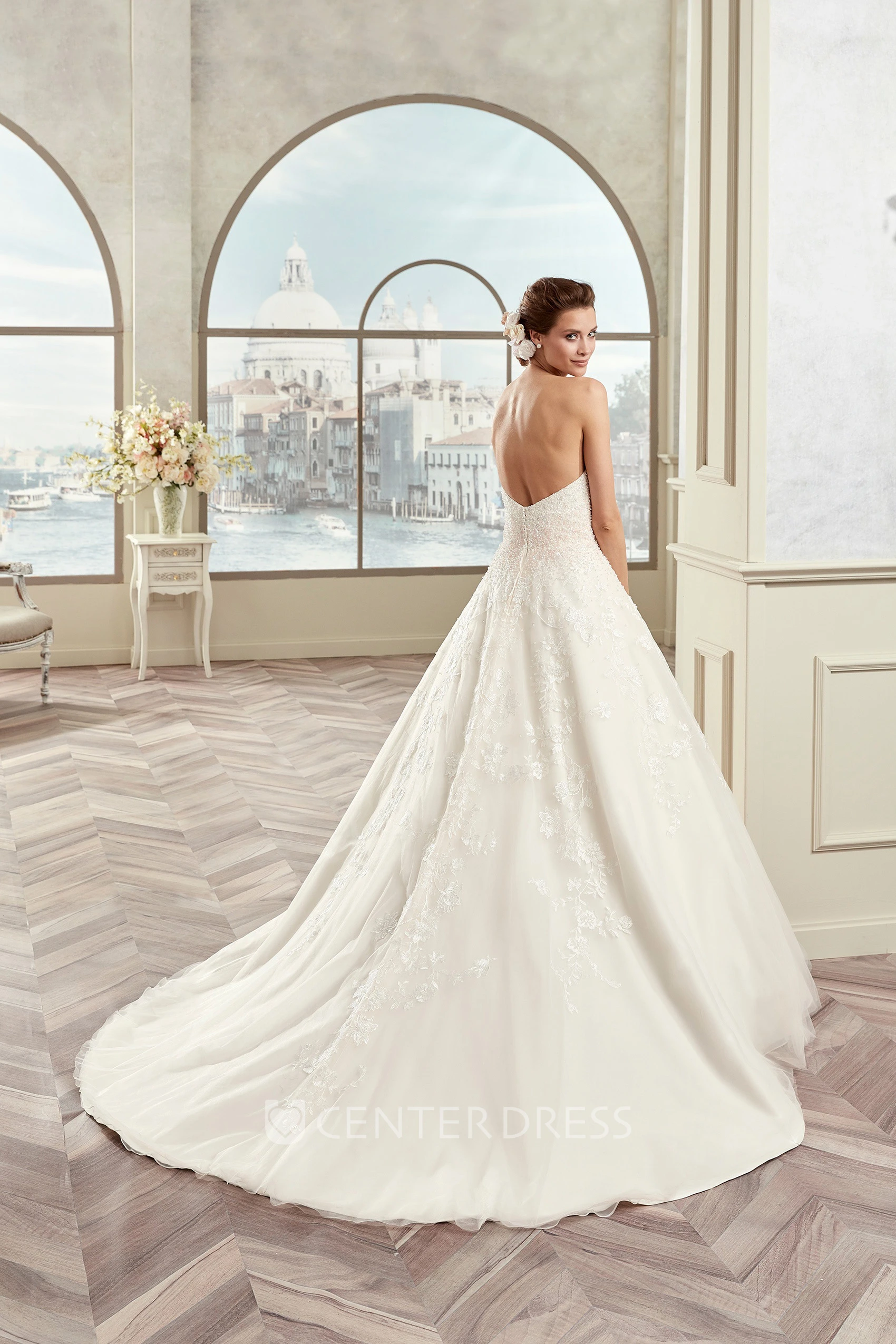 Sweetheart A-Line Beaded Bridal Gown With Floral Appliques And Open Back