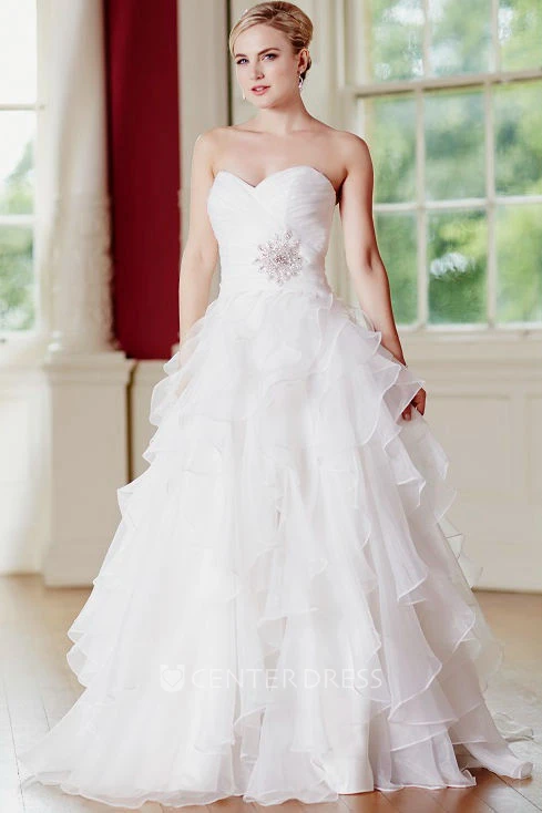 A-Line Sweetheart Ruffled Floor-Length Tulle Wedding Dress With Criss Cross And Broach