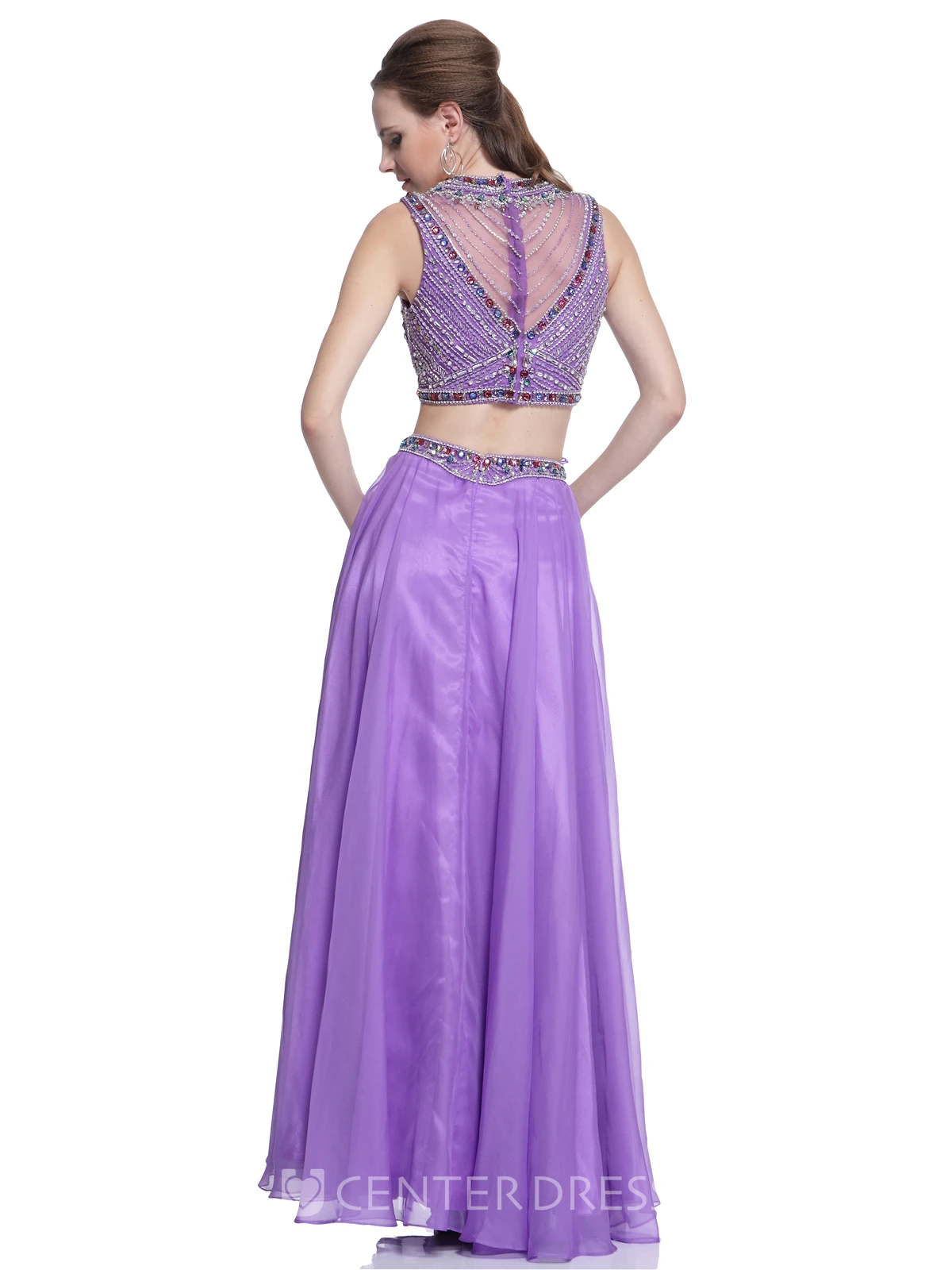 Two-Piece A-Line Maxi Scoop-Neck Sleeveless Illusion Dress With Beading