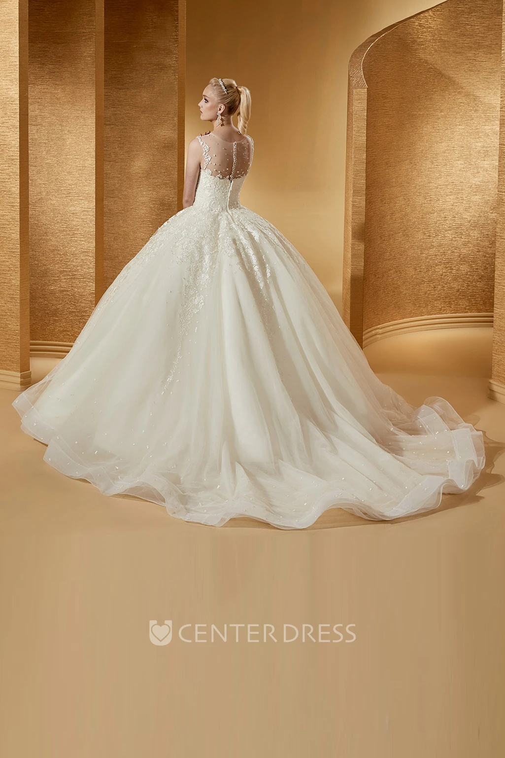 Romantic Cap Sleeve Appliques Ball Gown With Illusive Neckline And Brush Train