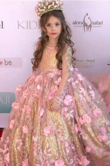 Floral Bateau Illusion Long Sleeve Ball Gown Flower Girl Dress