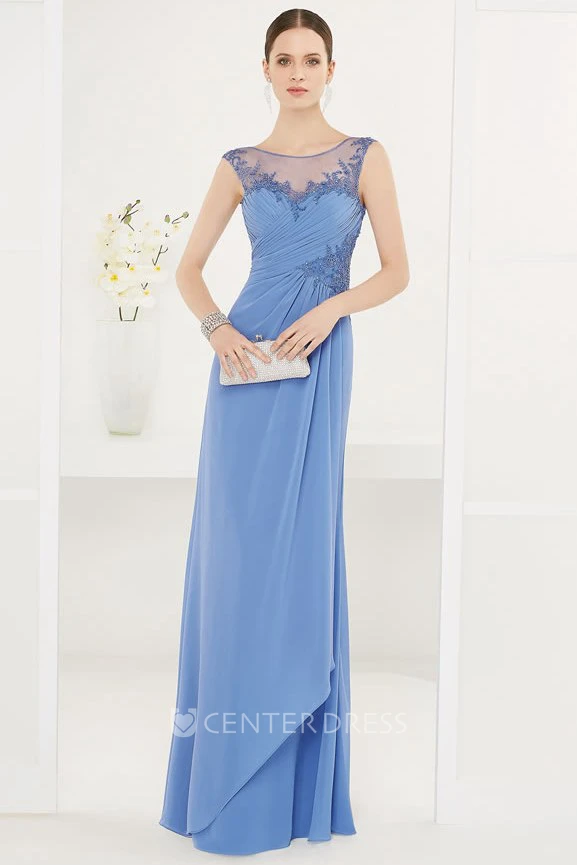 Scoop Neck Side Drape Chiffon Long Prom Dress With Appliques And Open Back