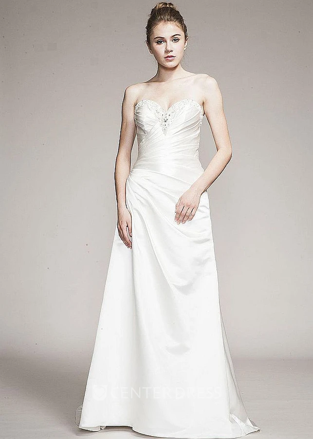 Long Draped Sweetheart Satin Wedding Dress With Beading
