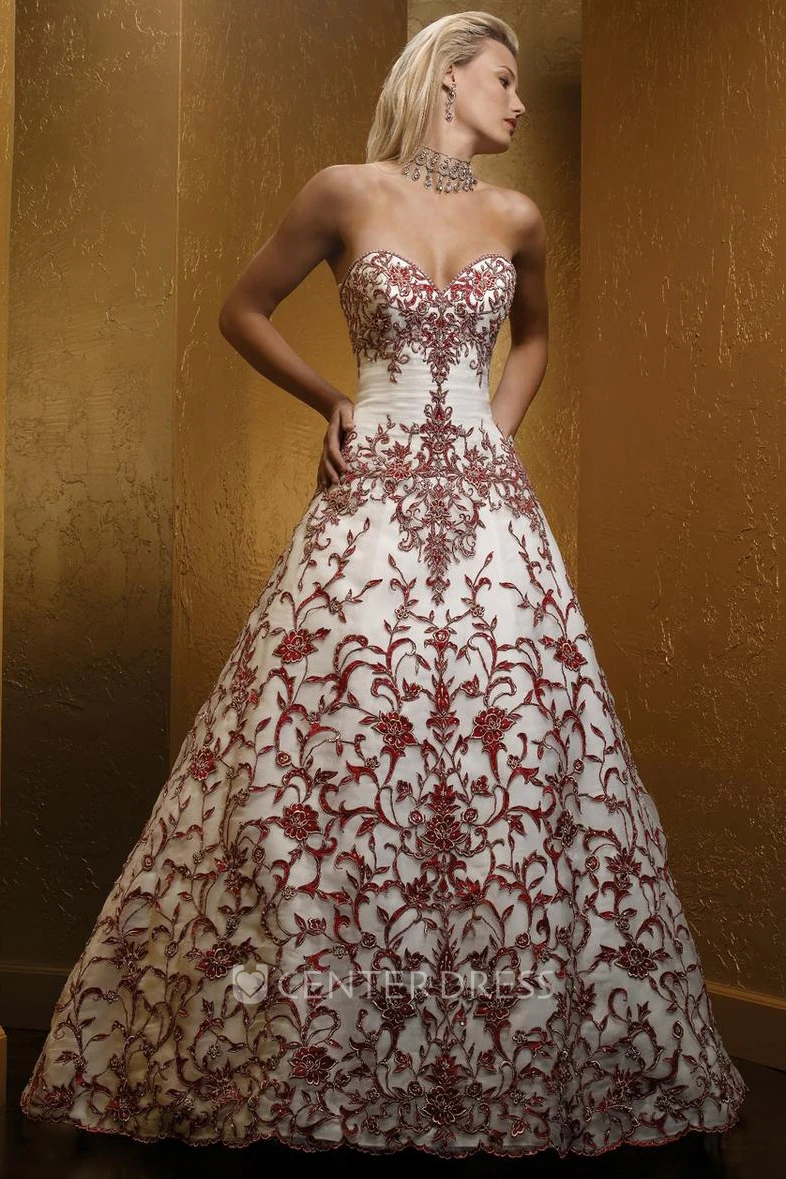 A-Line Embroidered Sweetheart Floor-Length Sleeveless Wedding Dress With Ruching And Beading