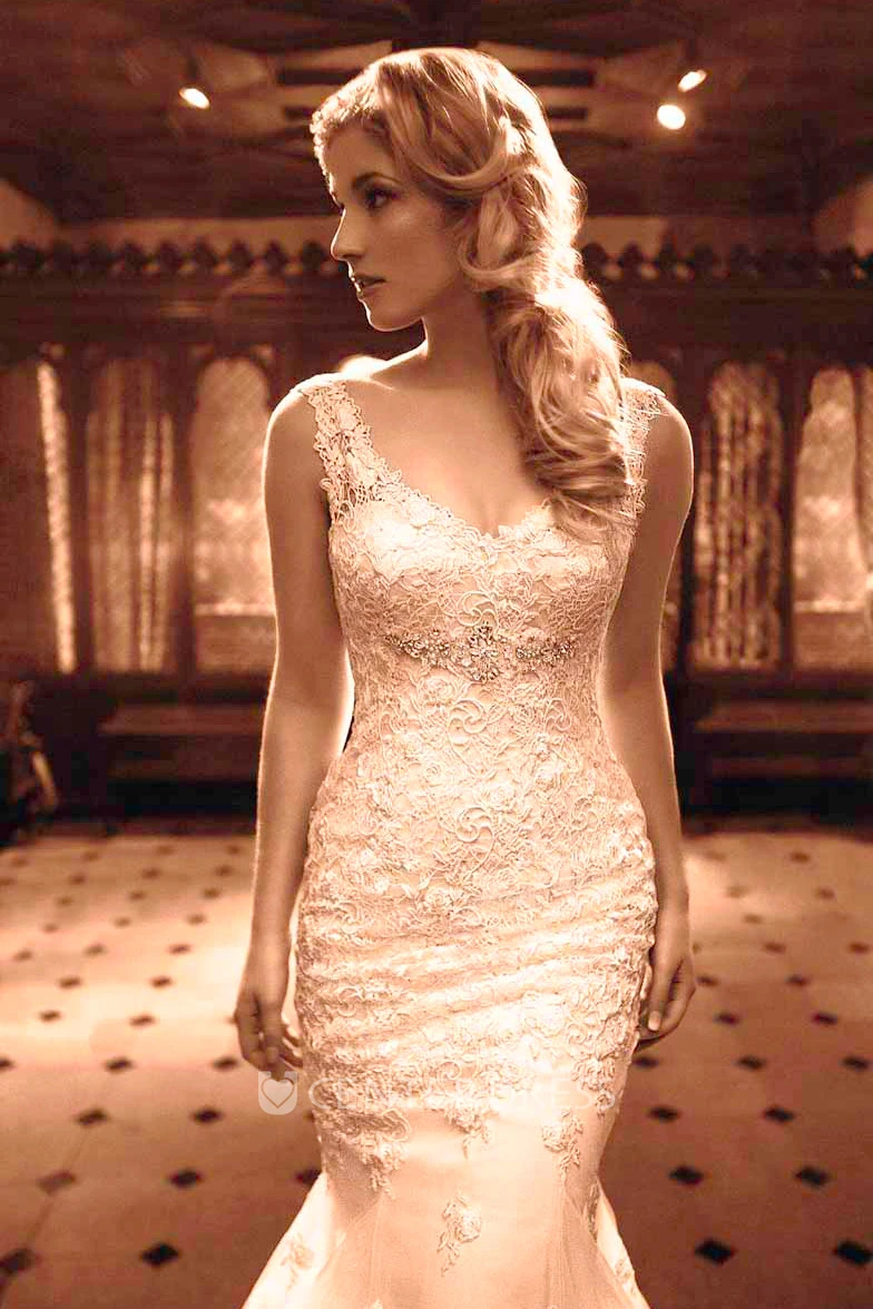 V-Neck Floor-Length Pleated Appliqued Lace&Tulle Spring Wedding Dress